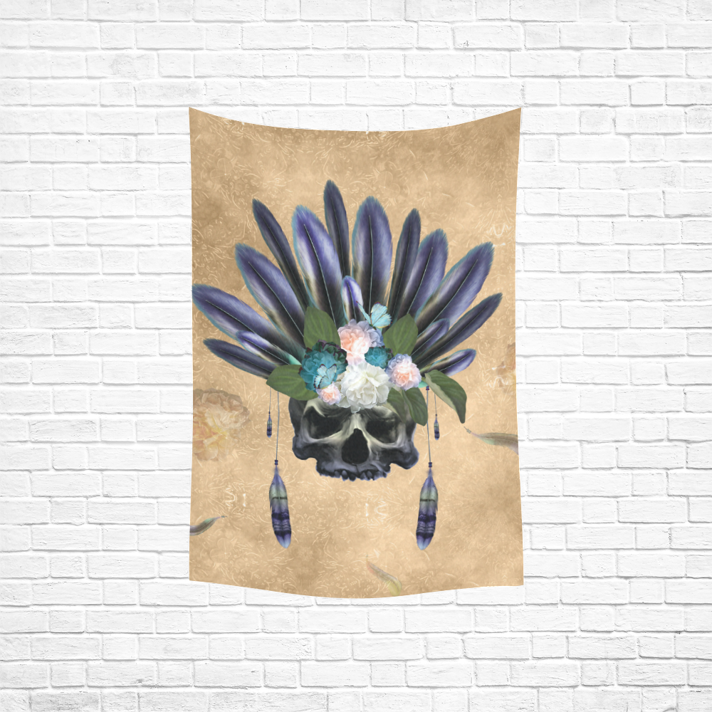 Cool skull with feathers and flowers Cotton Linen Wall Tapestry 40"x 60"