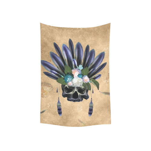 Cool skull with feathers and flowers Cotton Linen Wall Tapestry 40"x 60"