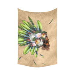 Amazing skull with feathers and flowers Cotton Linen Wall Tapestry 60"x 90"