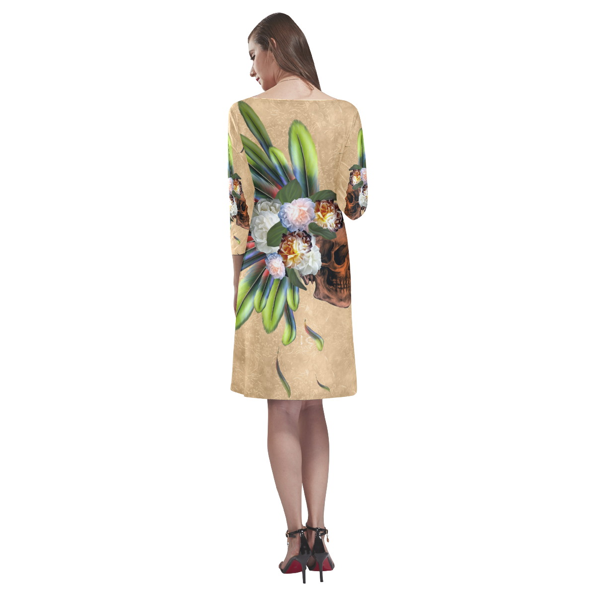 Amazing skull with feathers and flowers Rhea Loose Round Neck Dress(Model D22)