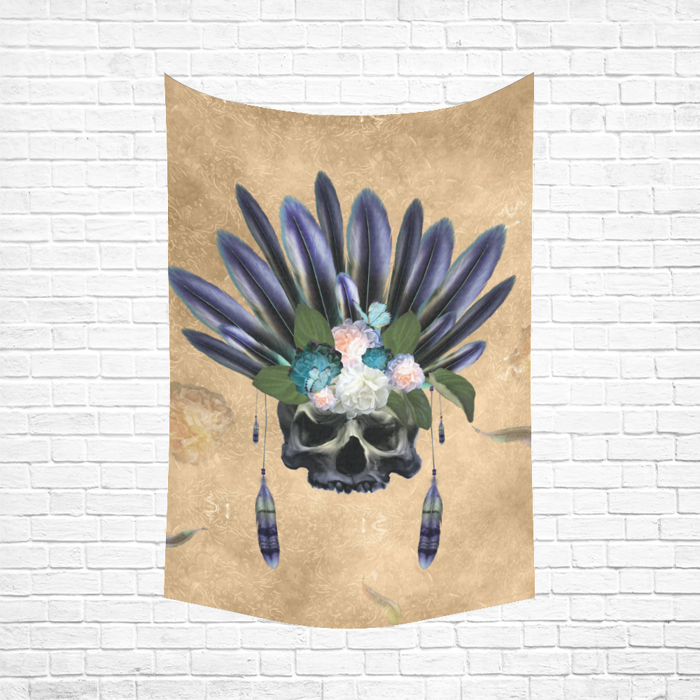 Cool skull with feathers and flowers Cotton Linen Wall Tapestry 60"x 90"