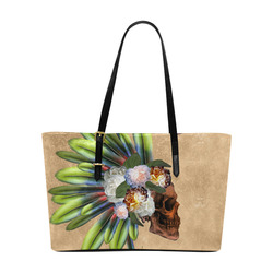 Amazing skull with feathers and flowers Euramerican Tote Bag/Large (Model 1656)