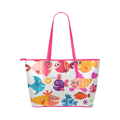 Cute Fish Jellyfish Seashells Crab Leather Tote Bag/Large (Model 1651)