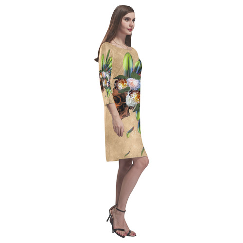 Amazing skull with feathers and flowers Rhea Loose Round Neck Dress(Model D22)