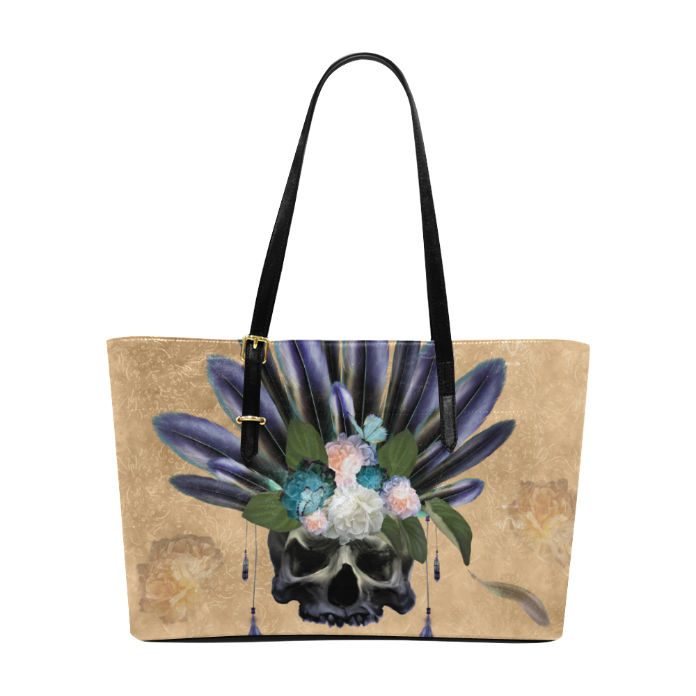 Cool skull with feathers and flowers Euramerican Tote Bag/Large (Model 1656)