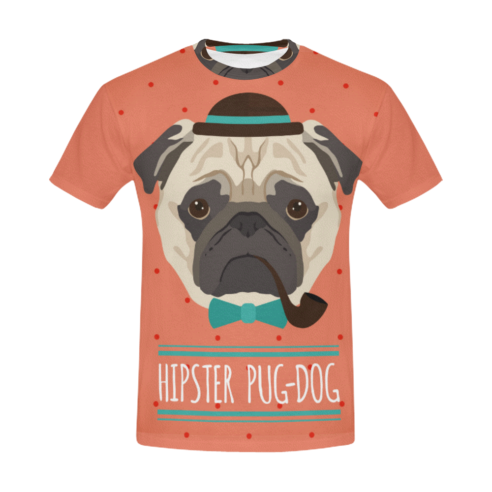 Hipster Pug Dog Hat Pipe Bow Tie Portrait All Over Print T-Shirt for Men (USA Size) (Model T40)