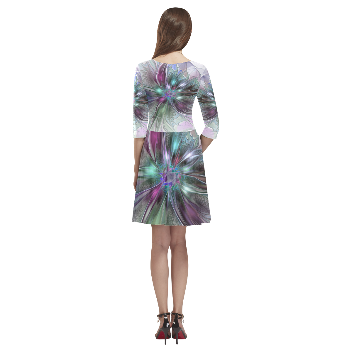 Colorful Fantasy Abstract Modern Fractal Flower Tethys Half-Sleeve Skater Dress(Model D20)