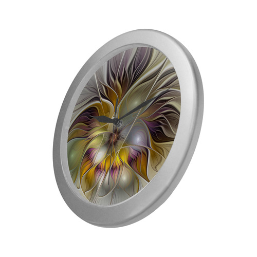Abstract Colorful Fantasy Flower Modern Fractal Silver Color Wall Clock