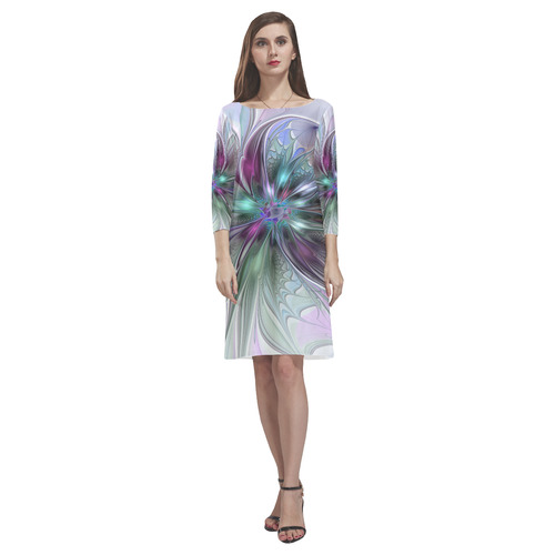 Colorful Fantasy Abstract Modern Fractal Flower Rhea Loose Round Neck Dress(Model D22)