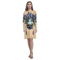 Cool skull with feathers and flowers Rhea Loose Round Neck Dress(Model D22)