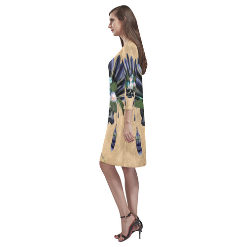 Cool skull with feathers and flowers Rhea Loose Round Neck Dress(Model D22)