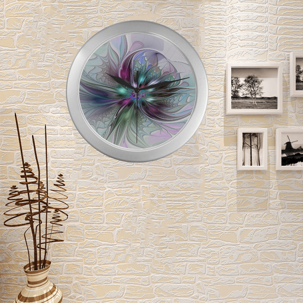 Colorful Fantasy Abstract Modern Fractal Flower Silver Color Wall Clock