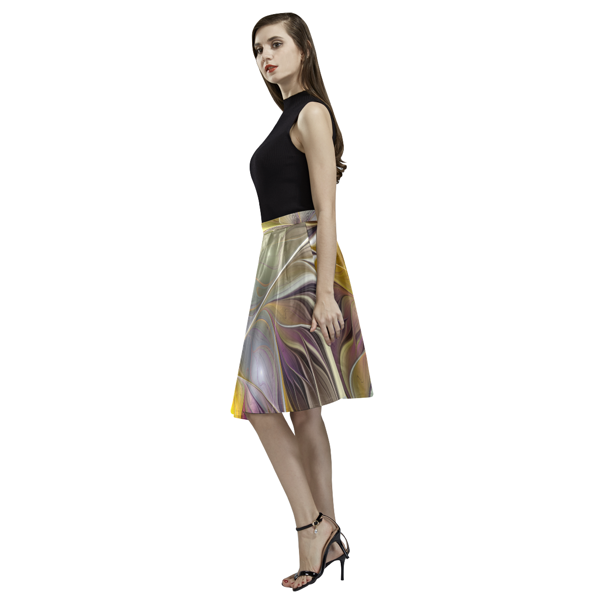 Abstract Colorful Fantasy Flower Modern Fractal Melete Pleated Midi Skirt (Model D15)
