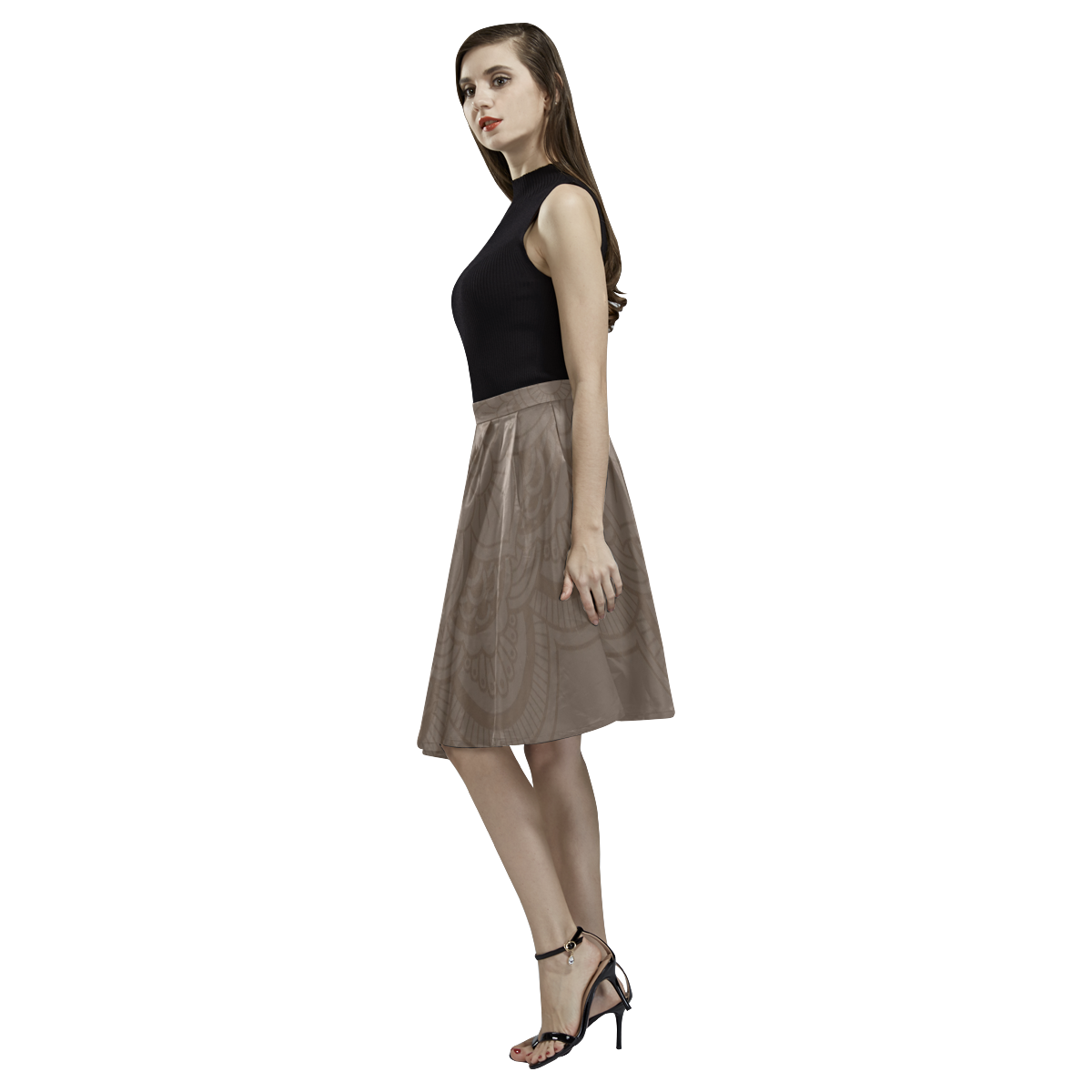 Saia mandala marrom Melete Pleated Midi Skirt (Model D15)