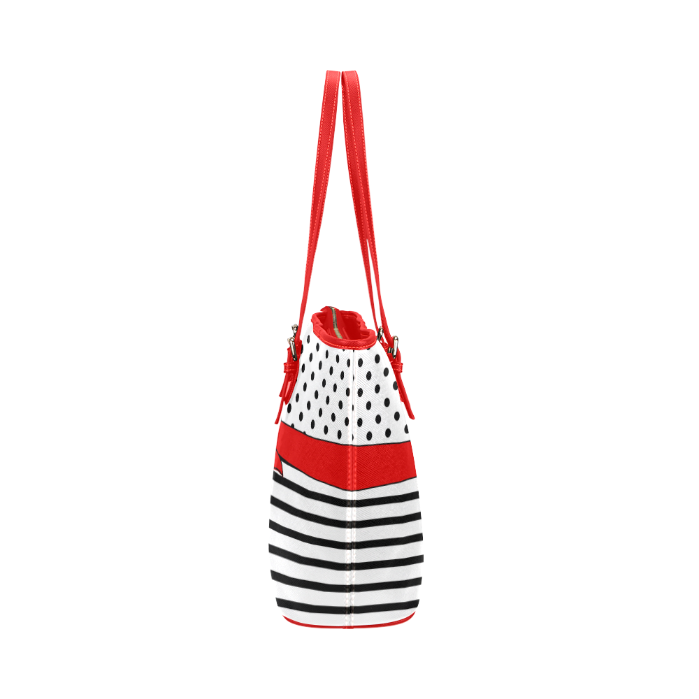 Polka Dots Stripes black white Comic Ribbon red Leather Tote Bag/Large (Model 1651)