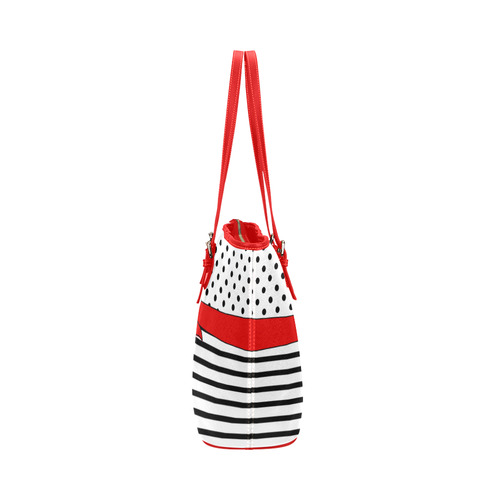 Polka Dots Stripes black white Comic Ribbon red Leather Tote Bag/Large (Model 1651)