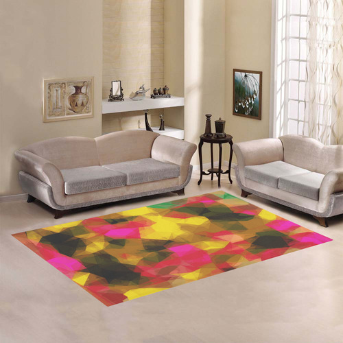 psychedelic geometric polygon shape pattern abstract in pink yellow green Area Rug7'x5'