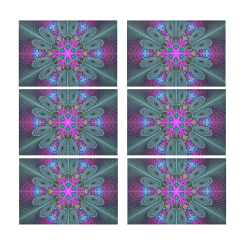 Mandala From Center Colorful Fractal Art With Pink Placemat 12’’ x 18’’ (Set of 6)