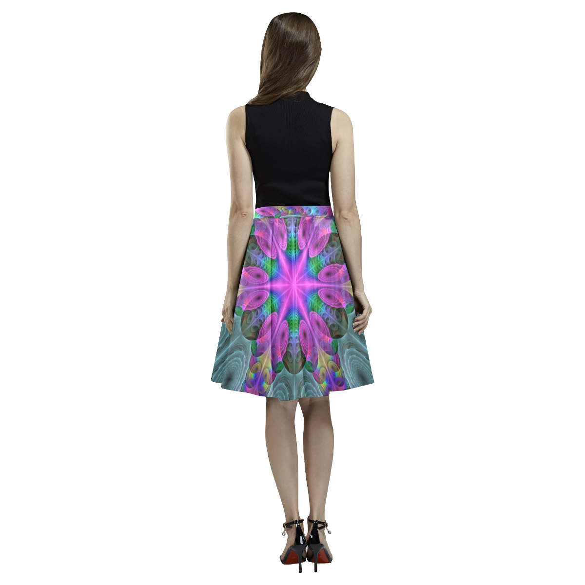 Mandala From Center Colorful Fractal Art With Pink Melete Pleated Midi Skirt (Model D15)