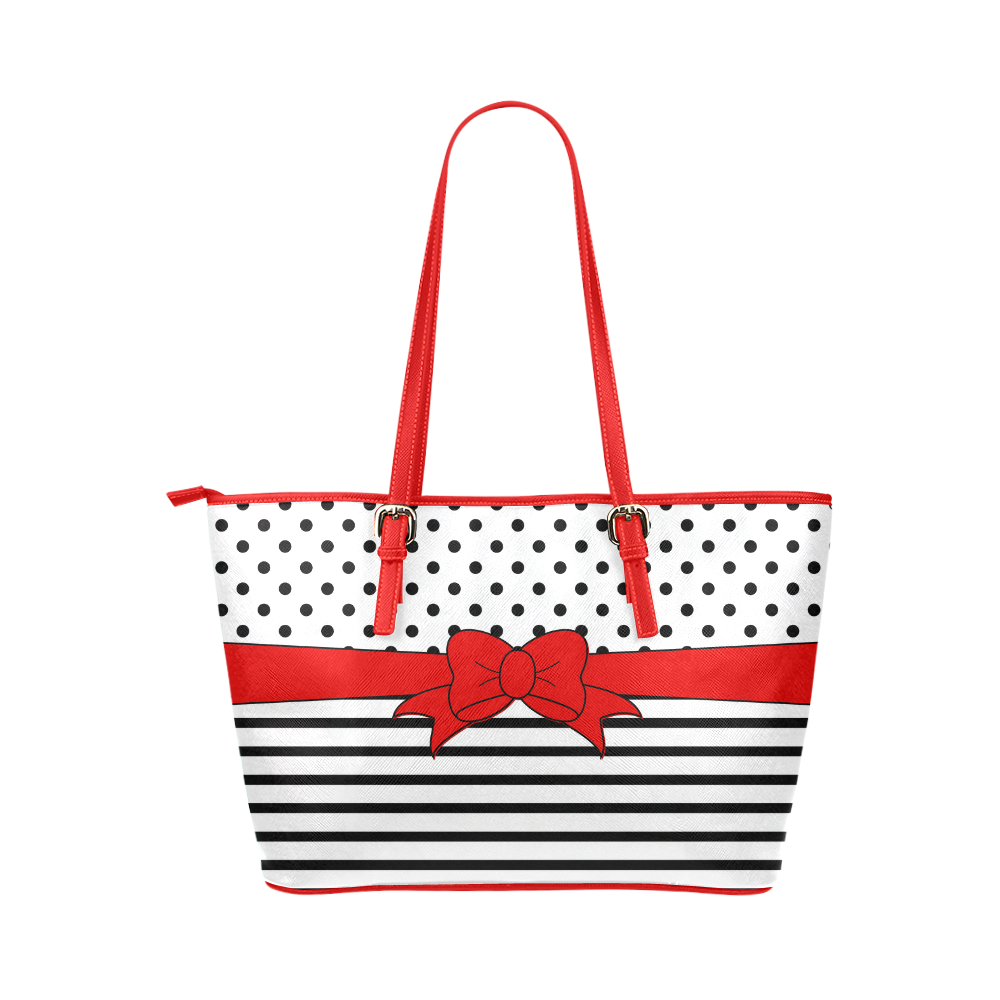 Polka Dots Stripes black white Comic Ribbon red Leather Tote Bag/Large (Model 1651)