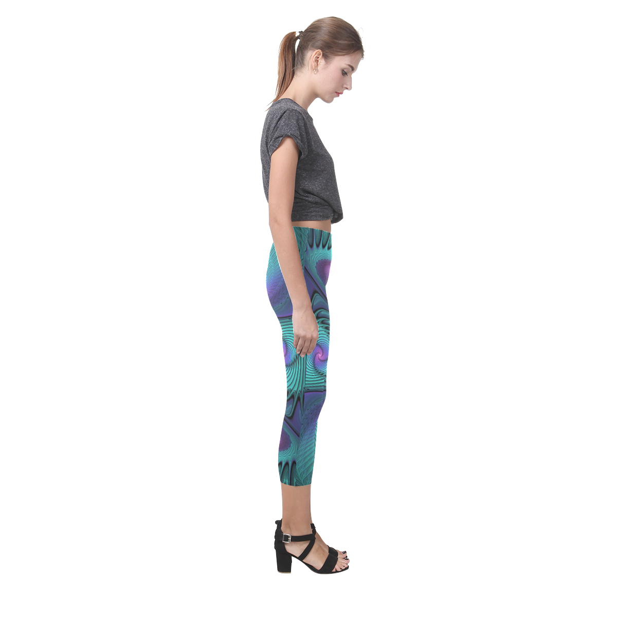 Purple meets Turquoise modern abstract Fractal Art Capri Legging (Model L02)