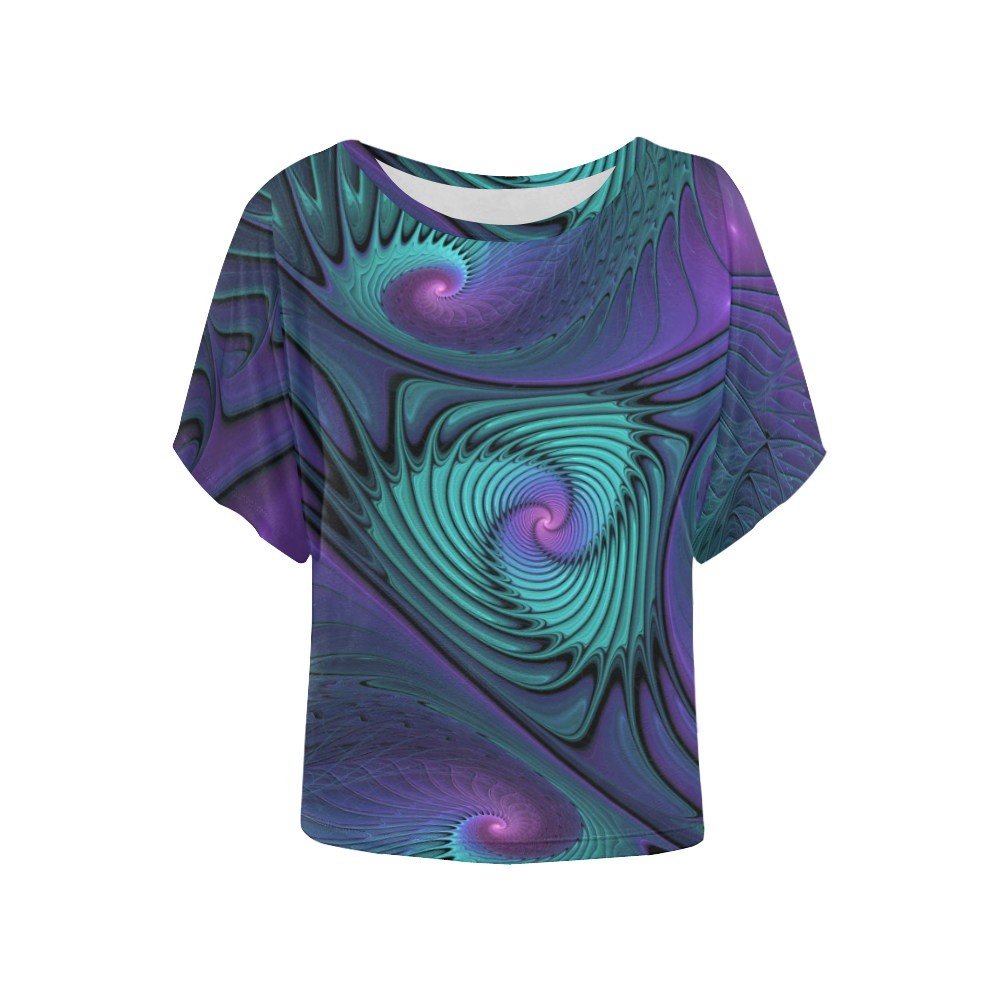 Purple meets Turquoise modern abstract Fractal Art Women's Batwing-Sleeved Blouse T shirt (Model T44)
