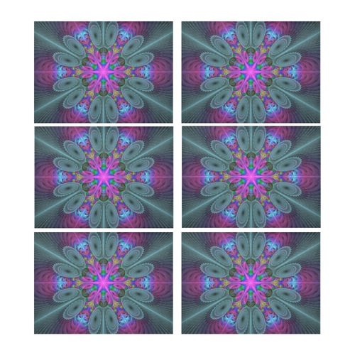 Mandala From Center Colorful Fractal Art With Pink Placemat 14’’ x 19’’ (Set of 6)