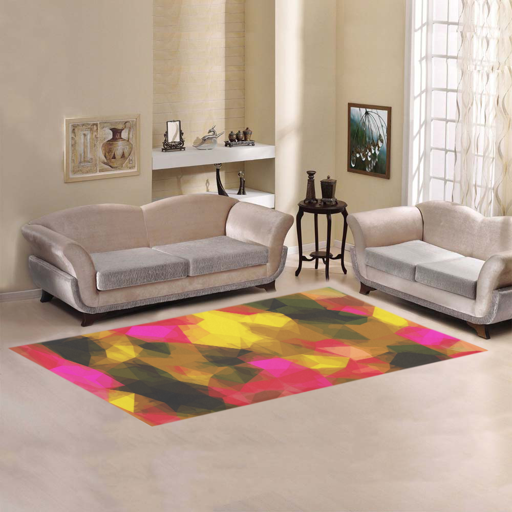 psychedelic geometric polygon shape pattern abstract in pink yellow green Area Rug 7'x3'3''