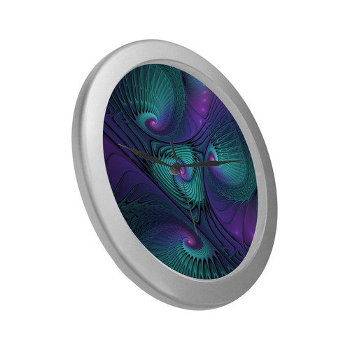 Purple meets Turquoise modern abstract Fractal Art Silver Color Wall Clock