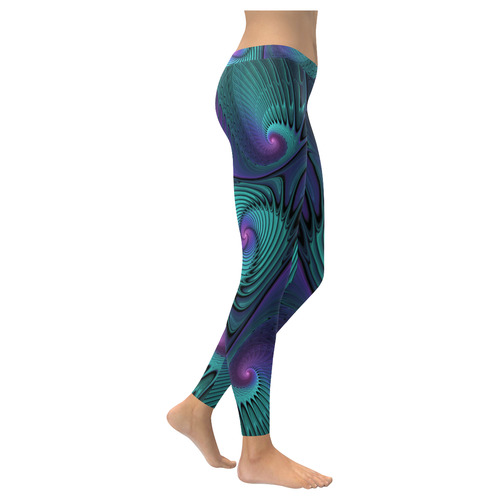 Purple meets Turquoise modern abstract Fractal Art Women's Low Rise Leggings (Invisible Stitch) (Model L05)