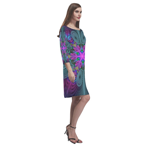 Mandala From Center Colorful Fractal Art With Pink Rhea Loose Round Neck Dress(Model D22)