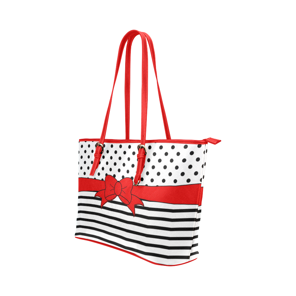 Polka Dots Stripes black white Comic Ribbon red Leather Tote Bag/Large (Model 1651)