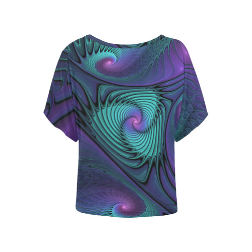 Purple meets Turquoise modern abstract Fractal Art Women's Batwing-Sleeved Blouse T shirt (Model T44)
