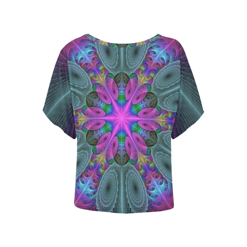 Mandala From Center Colorful Fractal Art With Pink Women's Batwing-Sleeved Blouse T shirt (Model T44)