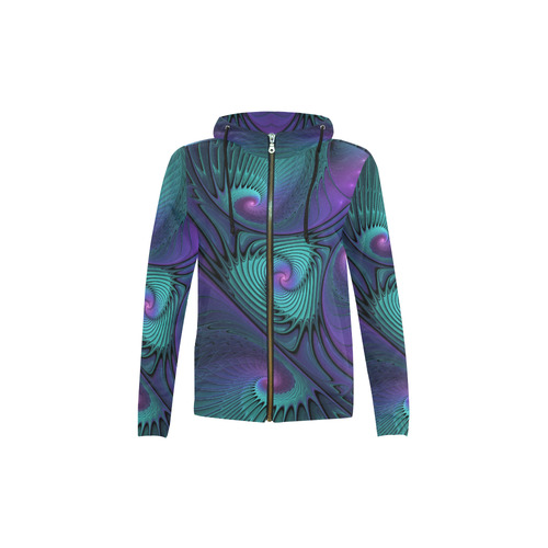 Purple meets Turquoise modern abstract Fractal Art All Over Print Full Zip Hoodie for Kid (Model H14)