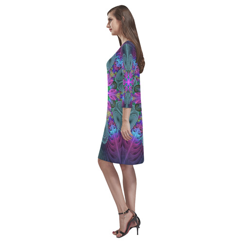 Mandala From Center Colorful Fractal Art With Pink Rhea Loose Round Neck Dress(Model D22)