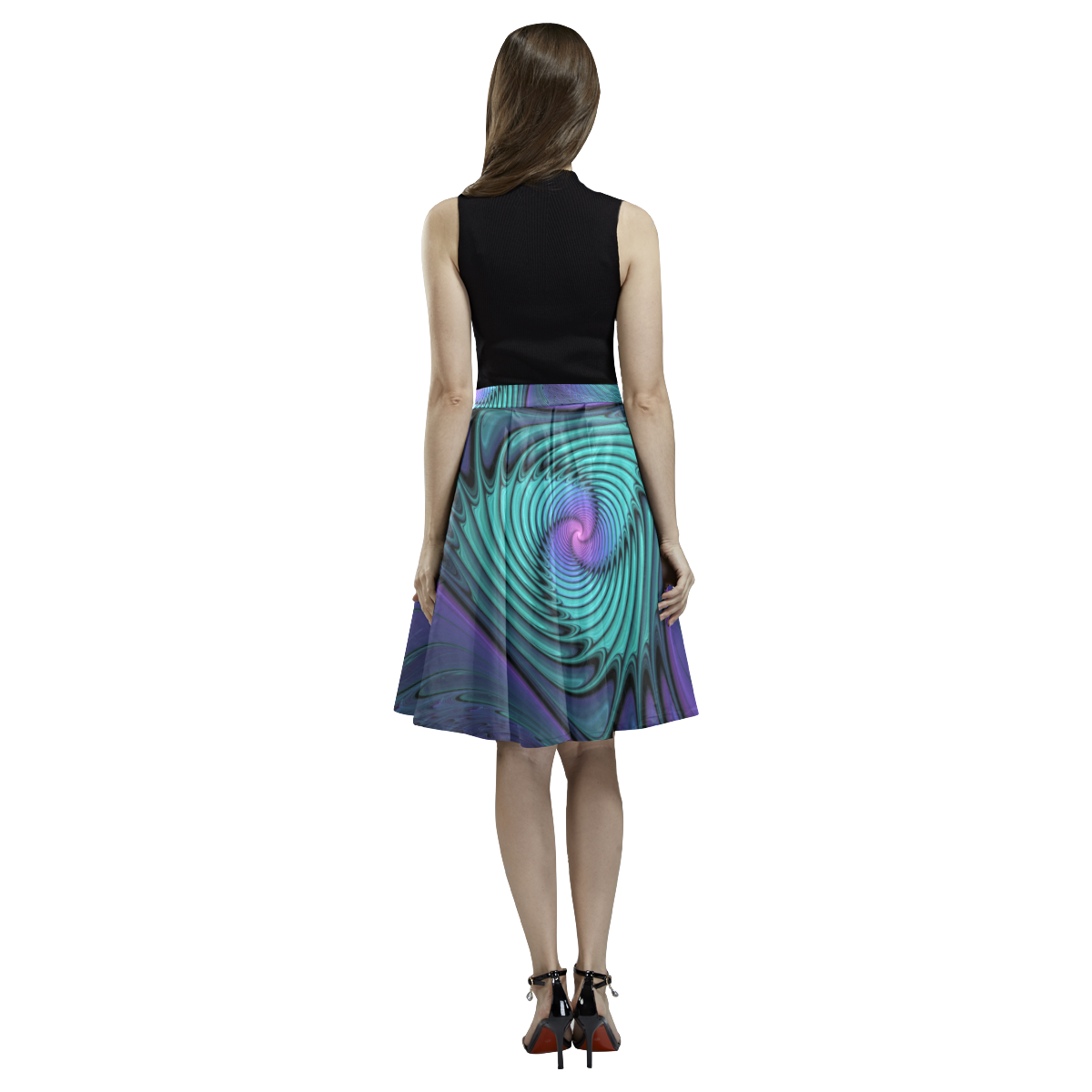Purple meets Turquoise modern abstract Fractal Art Melete Pleated Midi Skirt (Model D15)