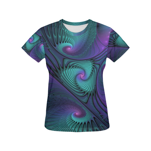 Purple meets Turquoise modern abstract Fractal Art All Over Print T-Shirt for Women (USA Size) (Model T40)