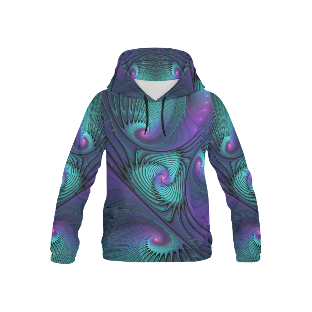 Purple meets Turquoise modern abstract Fractal Art All Over Print Hoodie for Kid (USA Size) (Model H13)