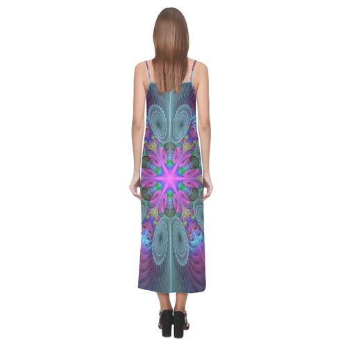 Mandala From Center Colorful Fractal Art With Pink V-Neck Open Fork Long Dress(Model D18)