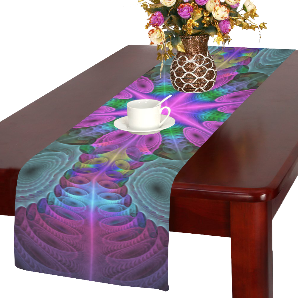 Mandala From Center Colorful Fractal Art With Pink Table Runner 14x72 inch