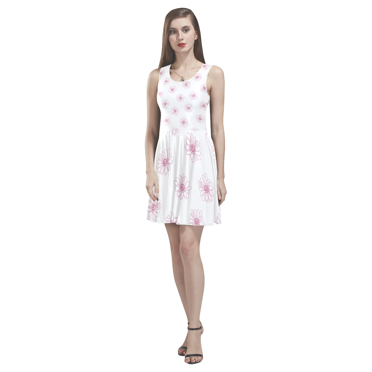 Pink floral pattern Thea Sleeveless Skater Dress(Model D19)