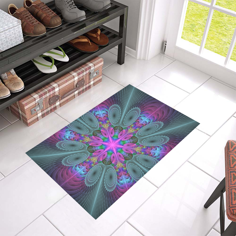 Mandala From Center Colorful Fractal Art With Pink Azalea Doormat 24" x 16" (Sponge Material)