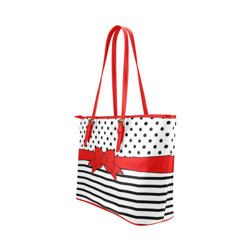 Polka Dots Stripes black white Comic Ribbon red Leather Tote Bag/Large (Model 1651)