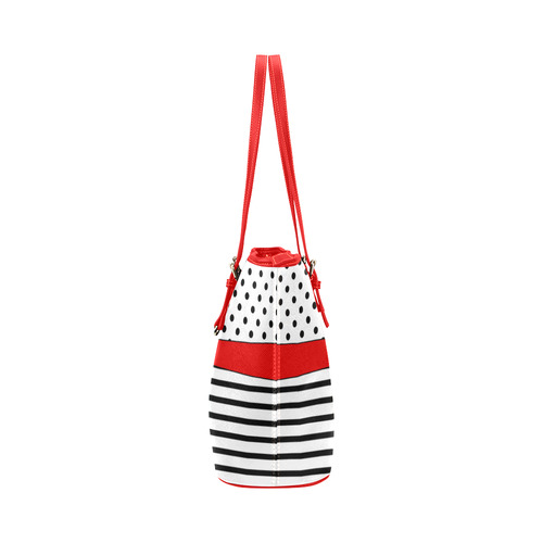 Polka Dots Stripes black white Comic Ribbon red Leather Tote Bag/Large (Model 1651)