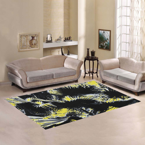 black and white palm leaves with yellow background Area Rug7'x5'