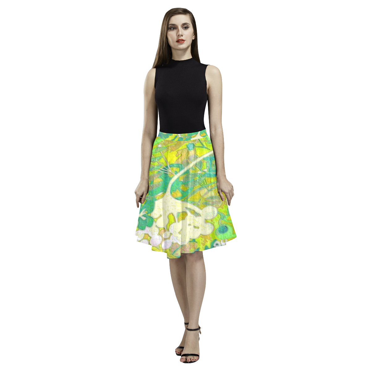 floral 1 in green and blue Melete Pleated Midi Skirt (Model D15)