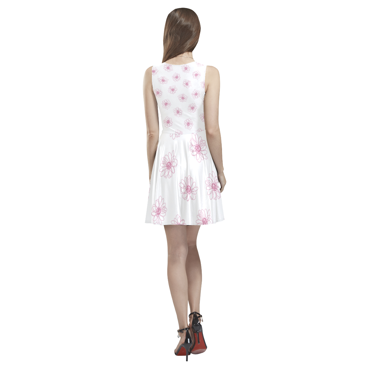 Pink floral pattern Thea Sleeveless Skater Dress(Model D19)