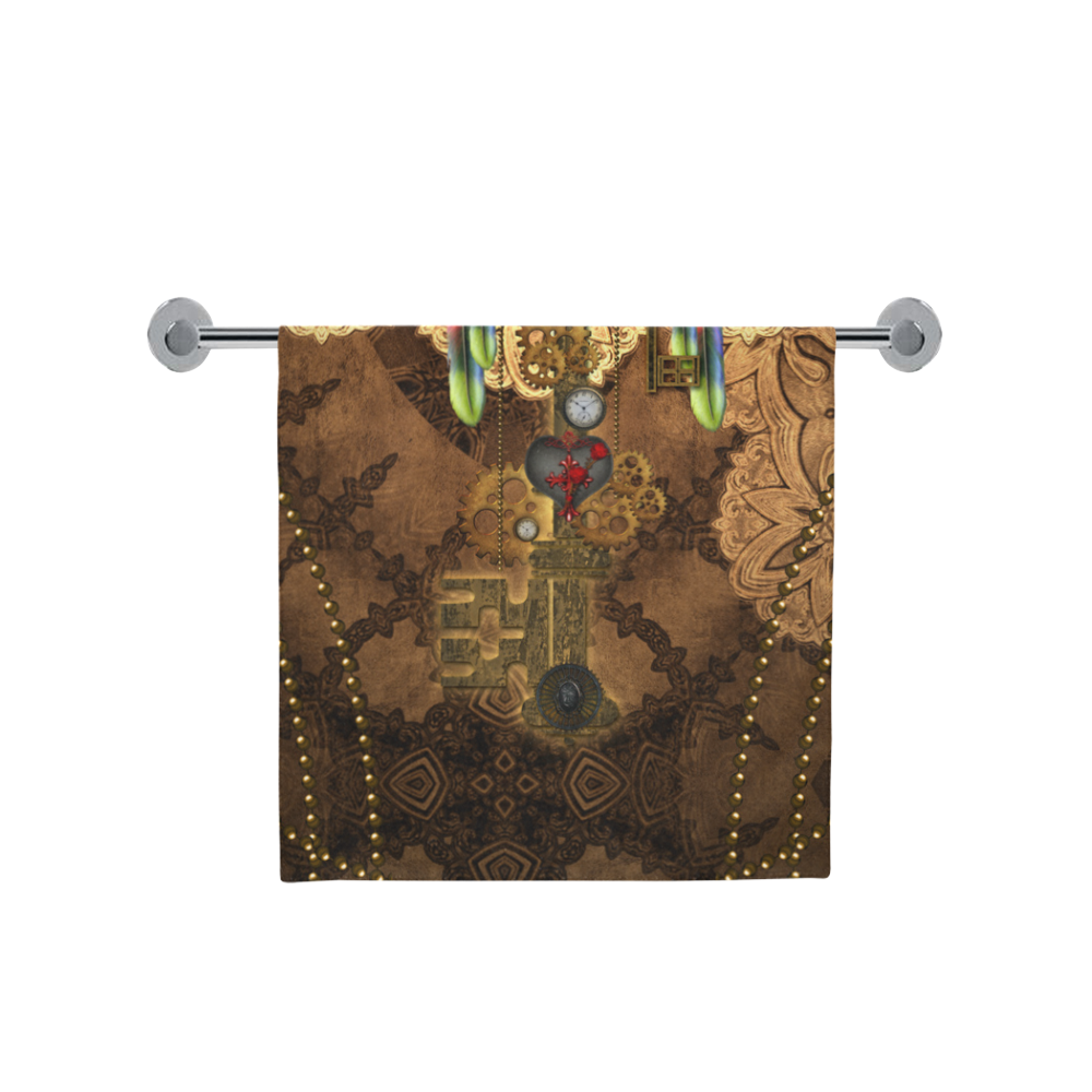 Steampunk, key with clocks, gears and feathers Bath Towel 30"x56"