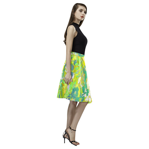 floral 1 in green and blue Melete Pleated Midi Skirt (Model D15)